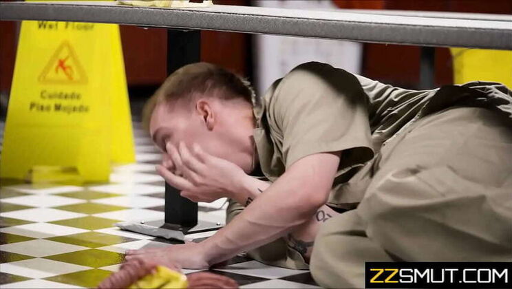 Maintenance man gets caught fucking brunette's ass in locker room