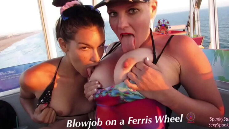 Teen & MILF Give Risky Double Blowjob on Ferris Wheel - Public Threesome Fun!