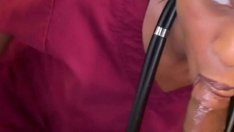 Caramel sucks big black cock at work
