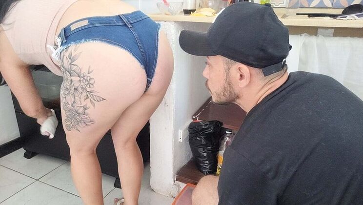 Married Brazilian Housewife Seduced by Plumber in Denim Shorts at Home
