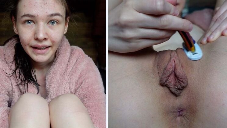 Skinny Teen Emmi-Hill Shaves Her Long Labia Pussy in HD