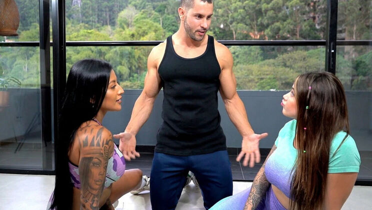Ripped Gym Trainer Fucks Two Slutty Fitness Girls in Hot Threesome