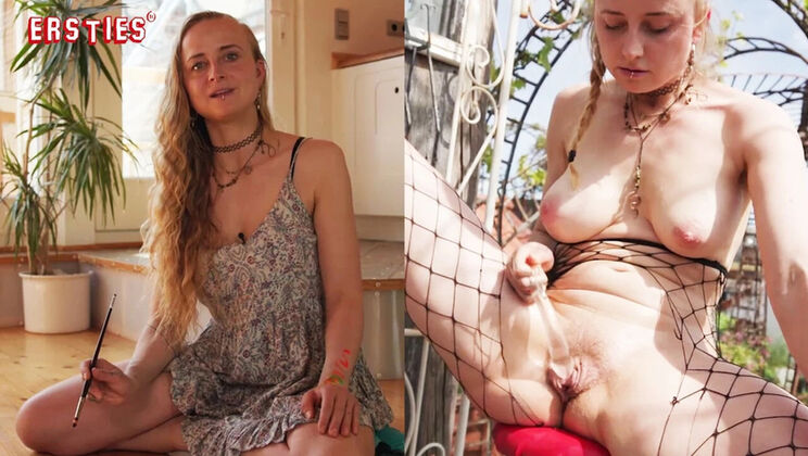 Hot German amateur Luna plays with her big natural tits and slides dildo deep in pussy outdoors