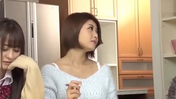 Japanese Girl in White Gives Hot Blowjob to Lesbian with Big Natural Tits