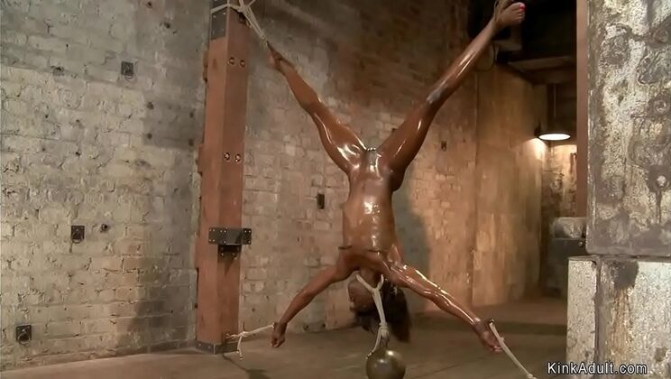 Oiled Ebony Lesbian Bondage with Ana Foxxx and Claire Adams - Rough Dildo Toying and Hogtied Punishment
