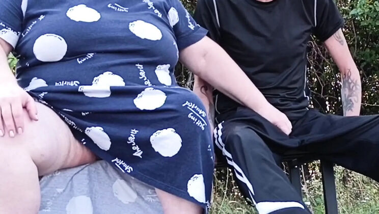 Stepmom Fingering My Cock on Park Bench Outdoor Sex