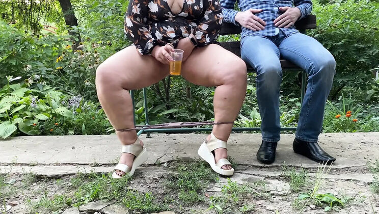 Mature MILF's Shaved Pussy Outdoor Drink - Try It Now!