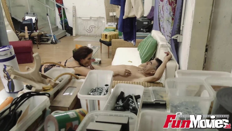 Jolie Noir German MILF rides huge cock on couch deep throat blowjob cumshot