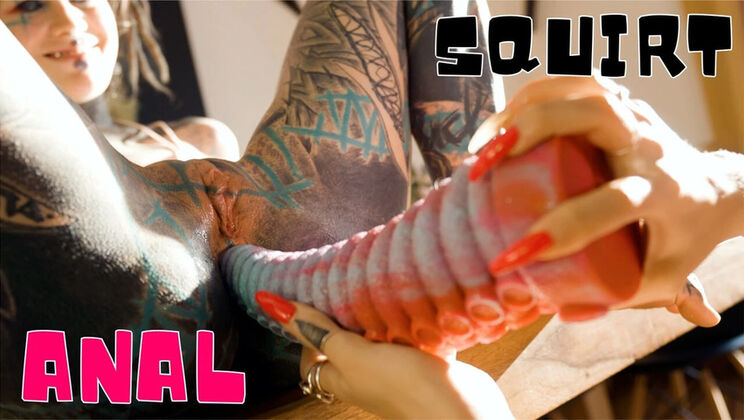 Goth Girl Anal Stretch with Dildo - Lesbian Tattooed Amateur
