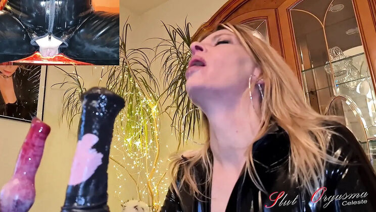 German Slut in Latex Catsuit Throats Huge Monster Dildo and Stallion Cock - Squirting Orgasm