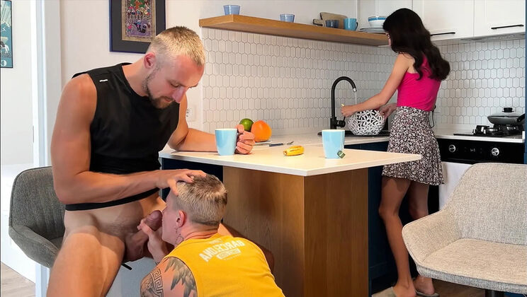 Wife Cleans Kitchen While Husband Sucks His Friend's Big Cock - Cum in Mouth Gagging Russian Cheating