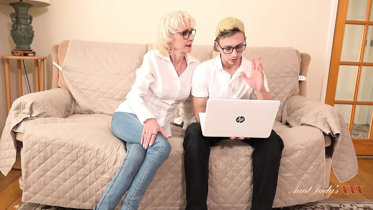Skinny 60 Year Old GILF Granny Fucks Young Tech Support Guy - Mature Blonde with Glasses