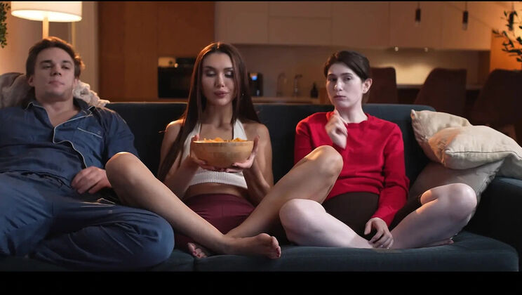 Lesbian Sex Interrupted By Guy Waking Up - Threesome Fuck with Big Cock & Cumshot