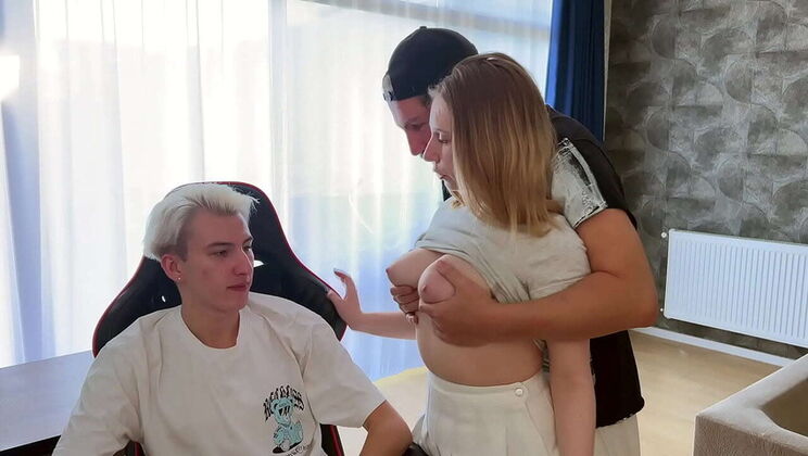 Step Dad Takes Virgin Step-Son's First Time with Busty Girlfriend - MMF Threesome POV Blowjob & Missionary