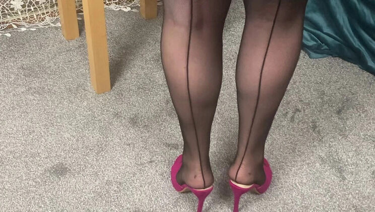 Mature British MILF Strips Leather Skirt & Shows Big Natural Tits in Stockings