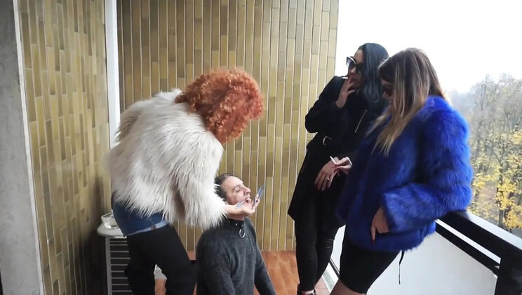 Brunette MILF Femdom in Fur Coat Dominates Slave on Balcony - Hardcore BDSM Bondage & Humiliation