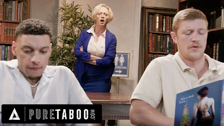 Caught Masturbating Librarian Dee Williams Fucks Hard in Public Library Threesome