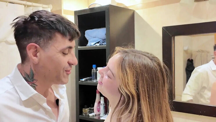 My Wife Watches Me Fuck Him Deep for 7 Minutes - No Pull Out! Her Big Booty Trembles in Bathroom