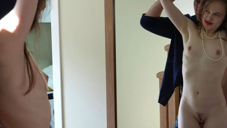 Stepdaddy wants to know if I'm beautiful in stepmom's clothes, lets me rub his cock and fuck my throat