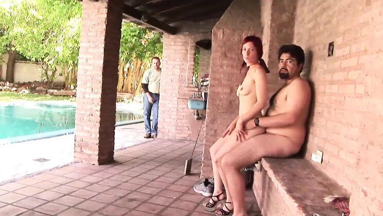 Redhead teen gets fucked by two men outside