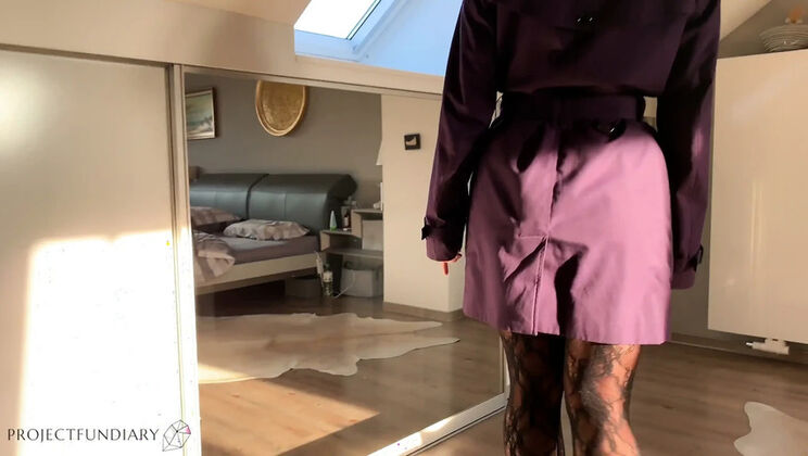 Bitch in trench coat gets ass-fuck ends with condom off
