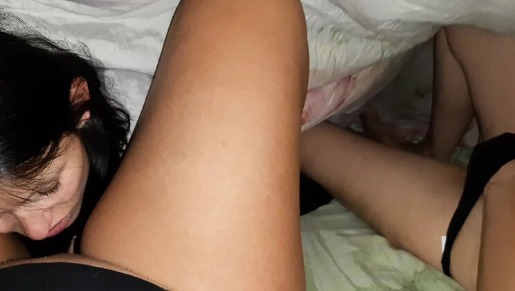 Neighbor Licks Pussy Under the Blanket While My Girlfriend Watches and Masturbates – Surprise Threesome
